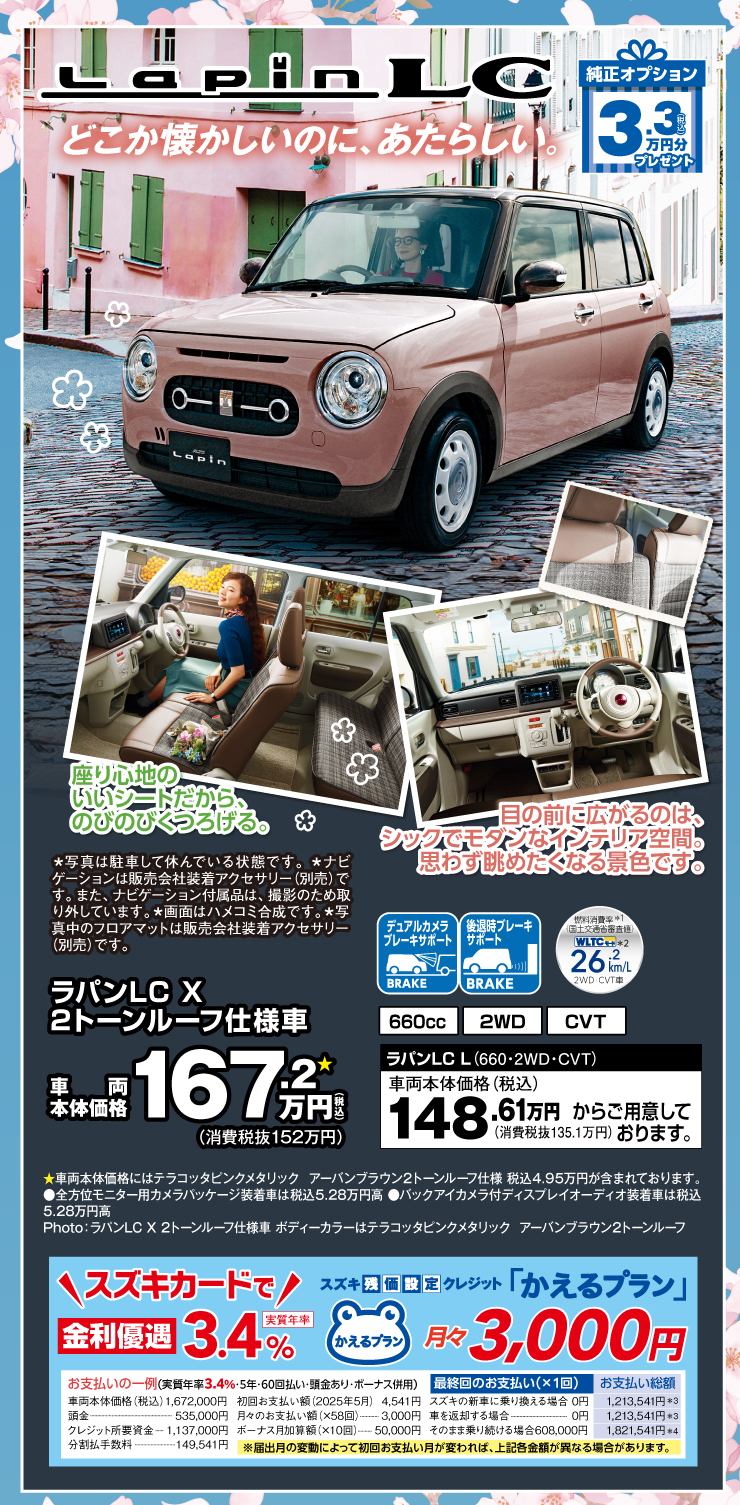 3.3万円分オプションプレゼント「ラパンLC」